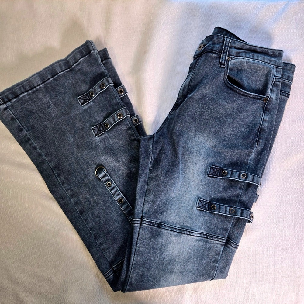 Hot Topic Junior 13 Blue Acid Wash Grommet Strap Flare Leg Goth Punk Denim Jeans